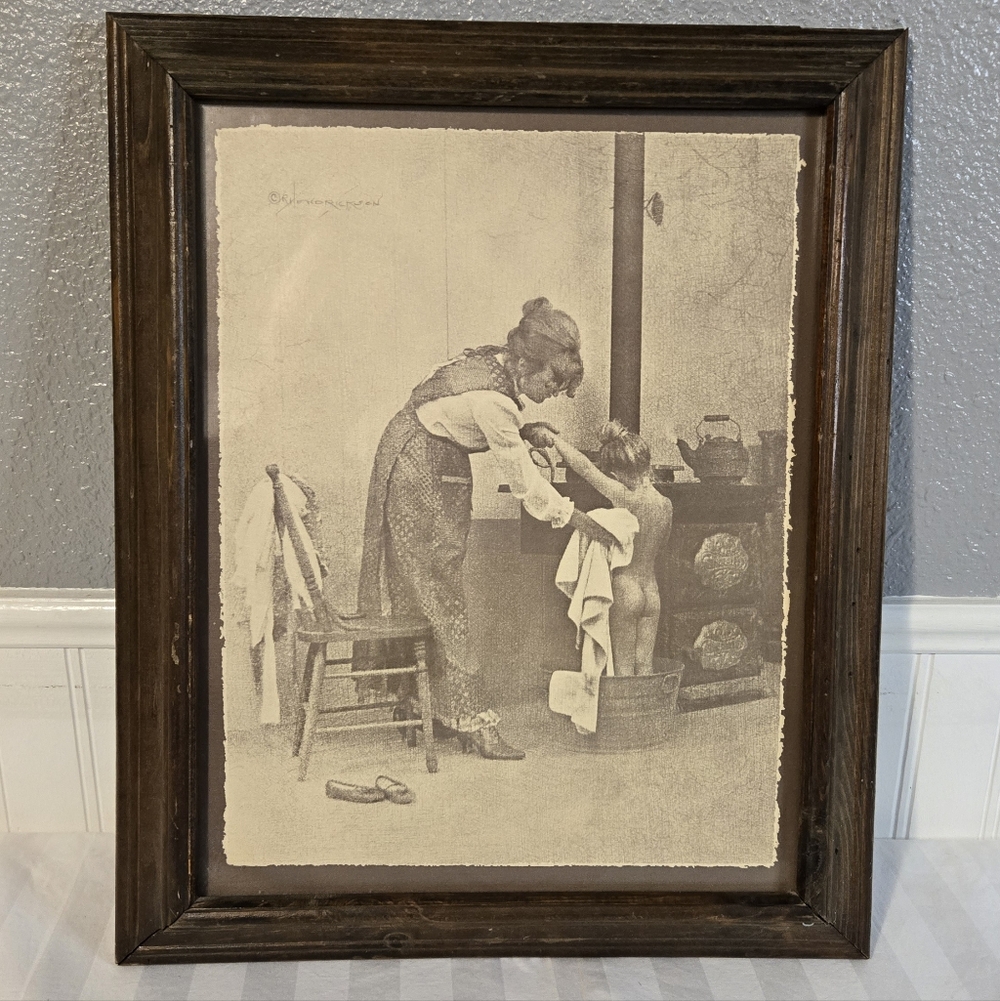 Vintage R. Hendrickson - Woman Bathing Child-  Sepia Print - Wood Frame